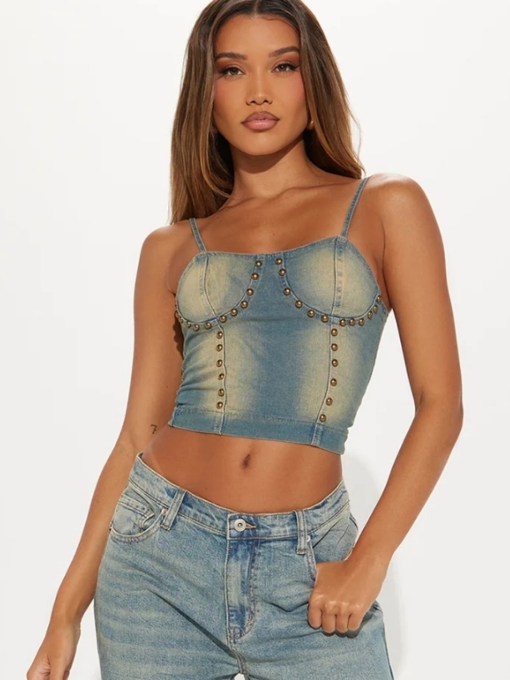 Denim Studded Cropped Cami Top